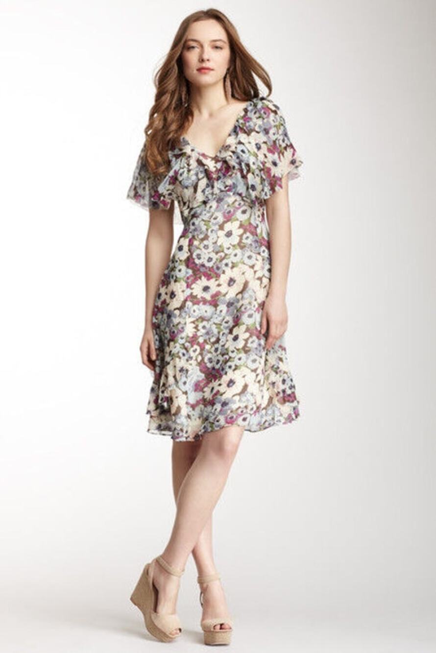 Calypso Faith Silk Floral Dress Purple V- Neck Empire Waist Flutter Sleeve Sz